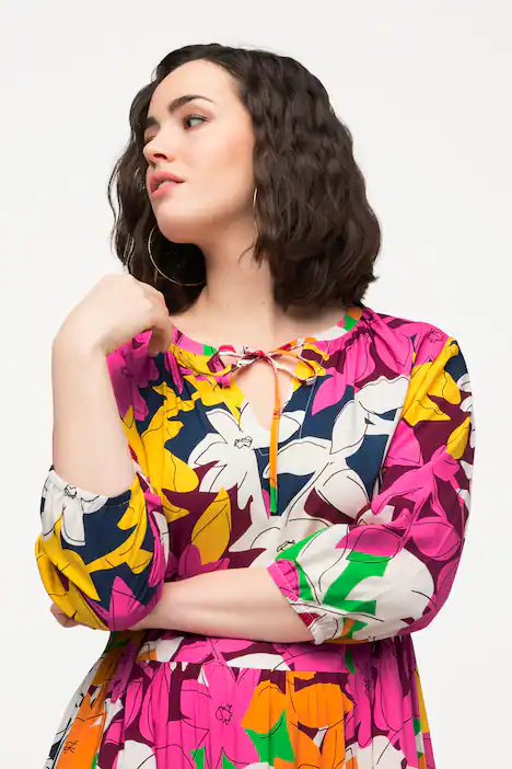 Kleid, Blüten, A-Linie, Tunika-Ausschnitt, 3/4-Arm, lychee