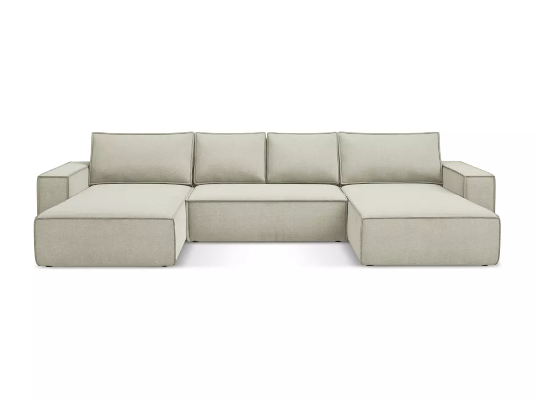Canapé d'angle panoramique convertible en tissu texturé - beige clair - KIMO