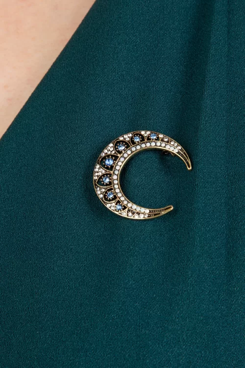 Lovely Crescent Moon broche in goud en blauw