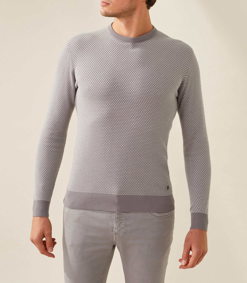 Pull col rond gris-blanc 