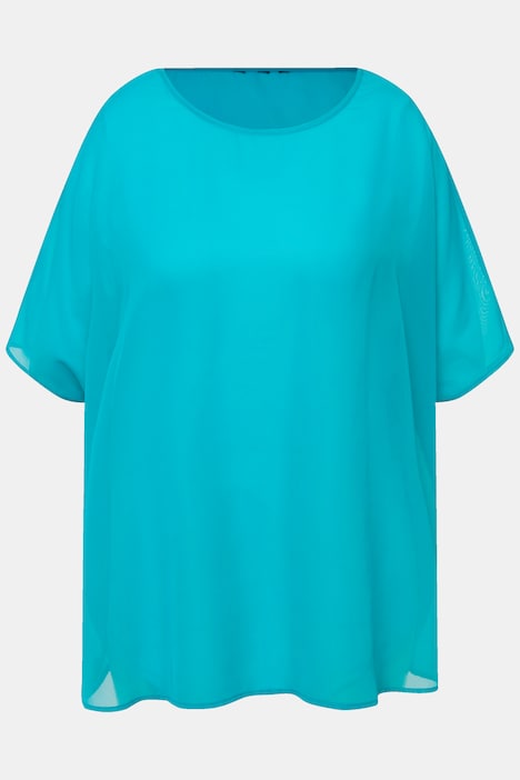 Chiffonbluse, Oversized, Rundhals, Halbarm