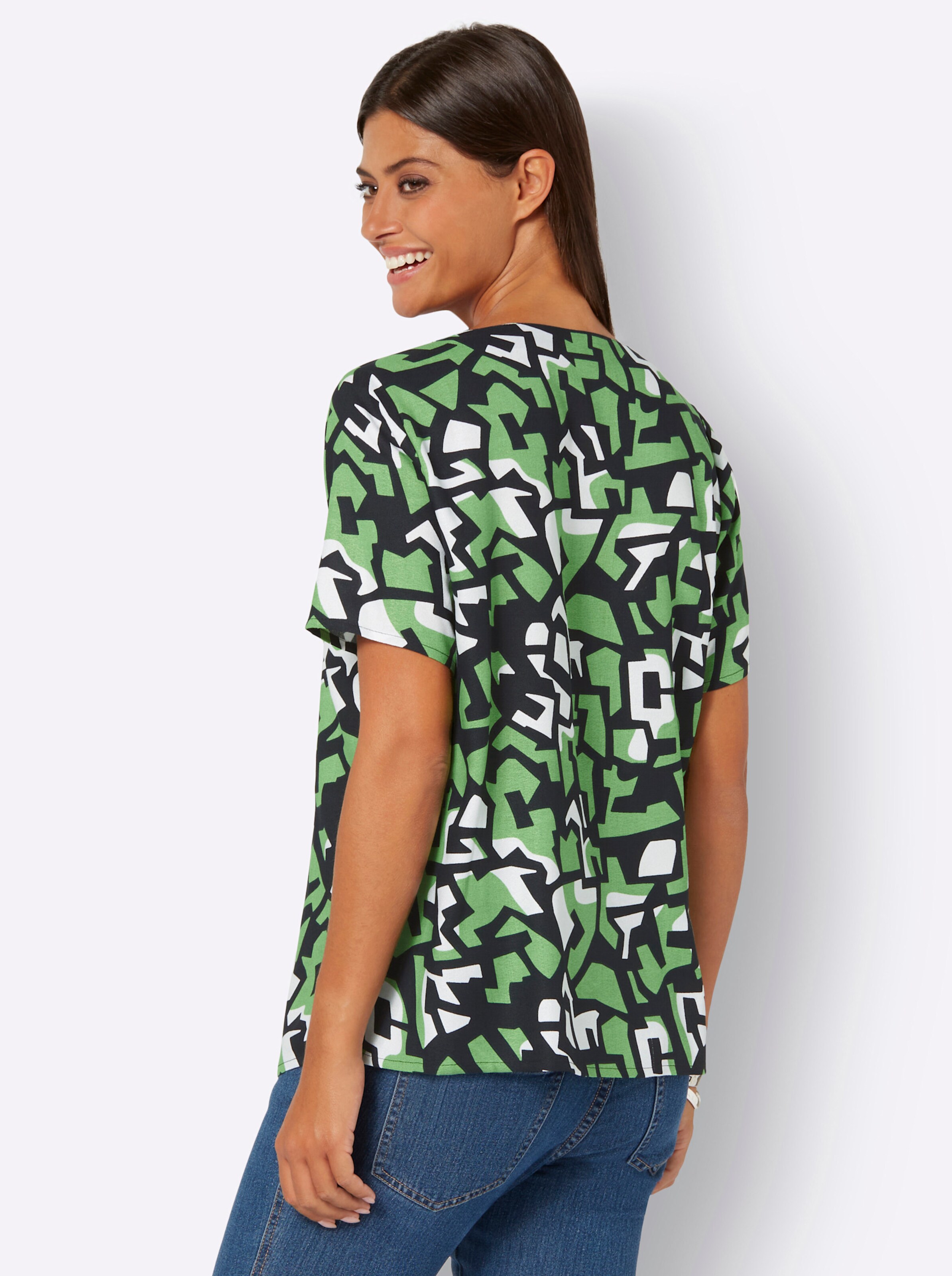 Bluse in apfel-schwarz-bedruckt