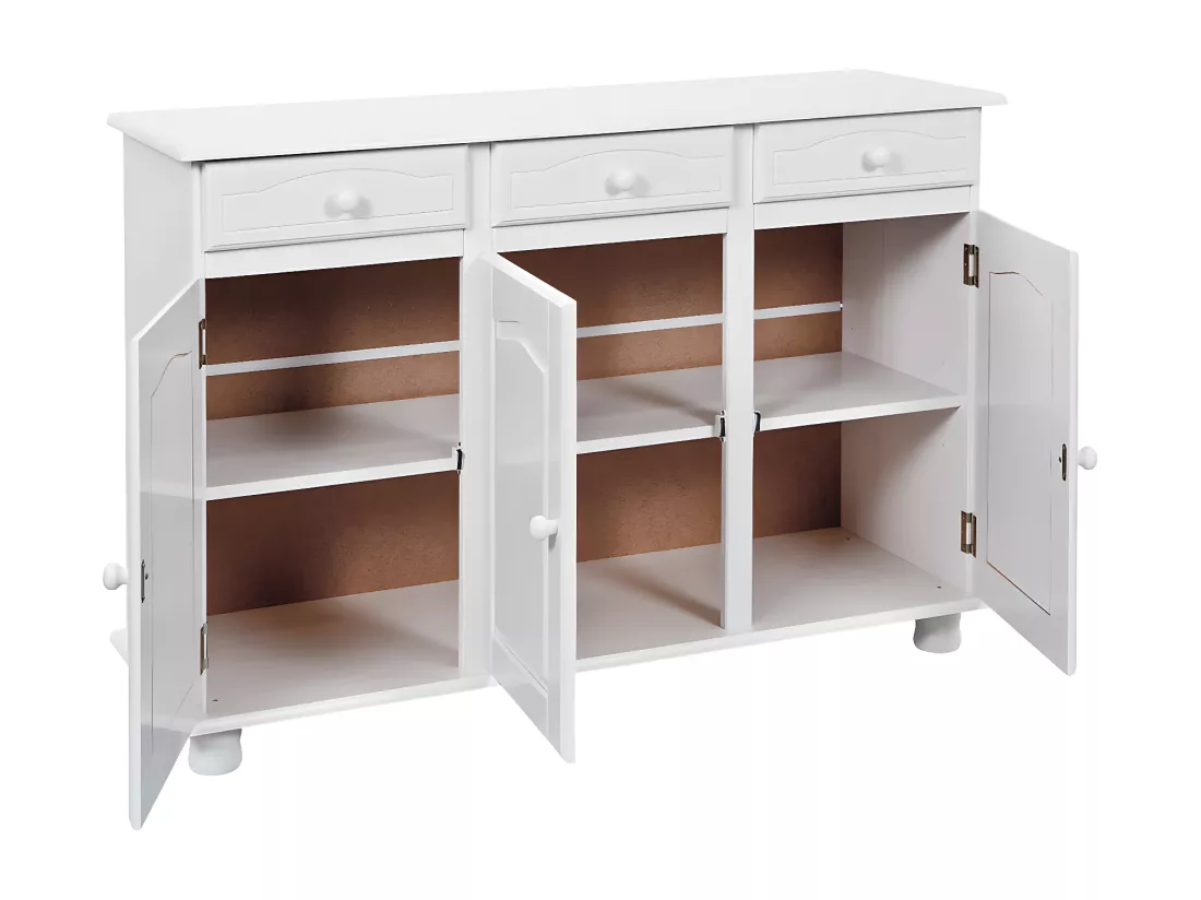 LAURIE - Buffet 3 Portes 3 Tiroirs Bois Massif Vernis Blanc