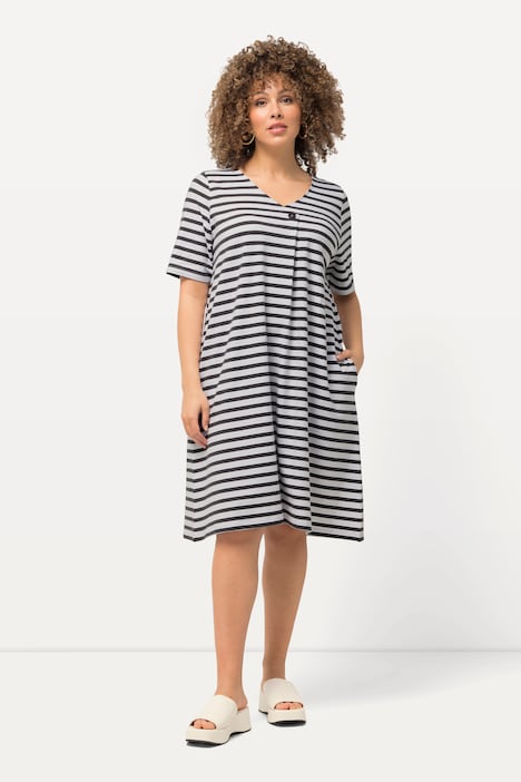 Midikleid, Ringel, A-Linie, V-Ausschnitt, Halbarm