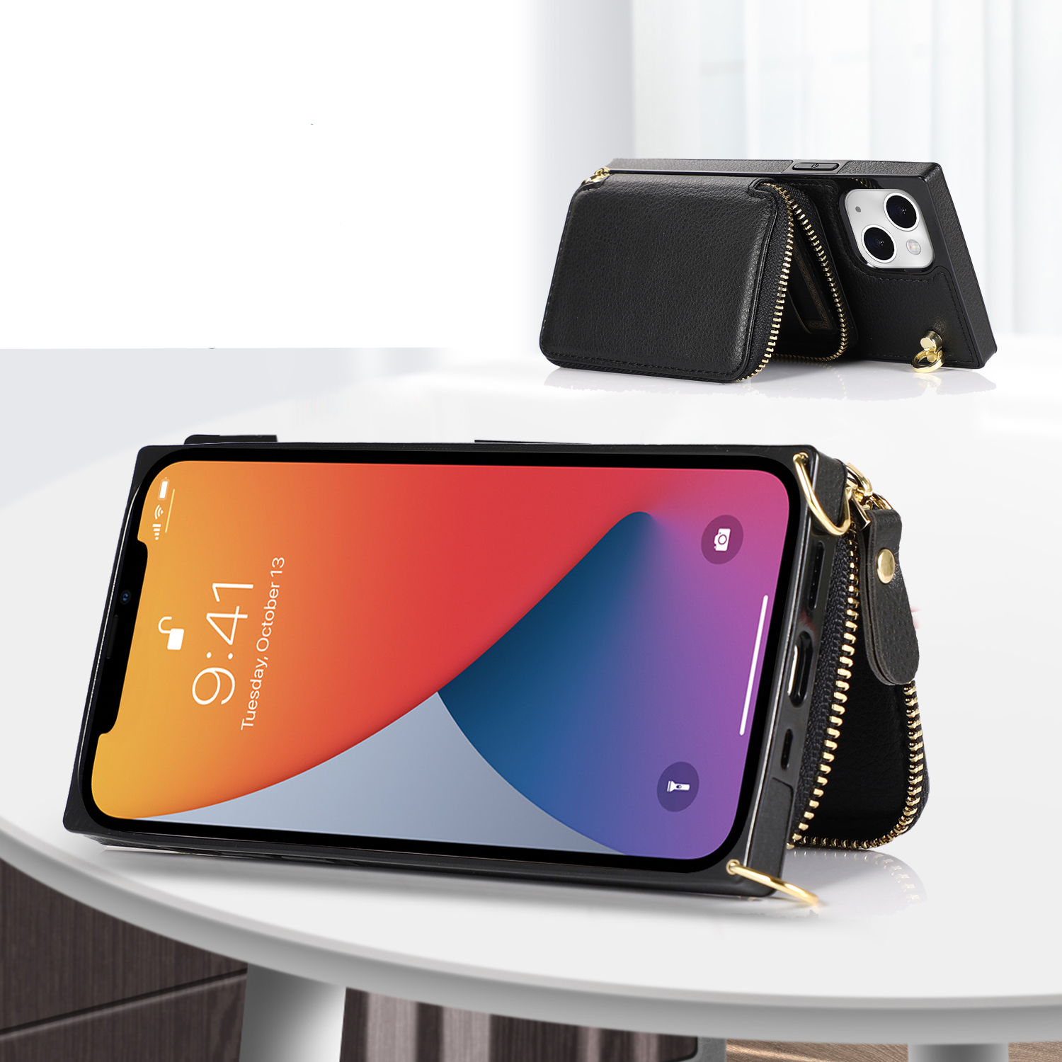 iPhone 13 Necklace Leder Schutz Hülle mit Kartenfächer   Handykette (140cm) - Schwarz