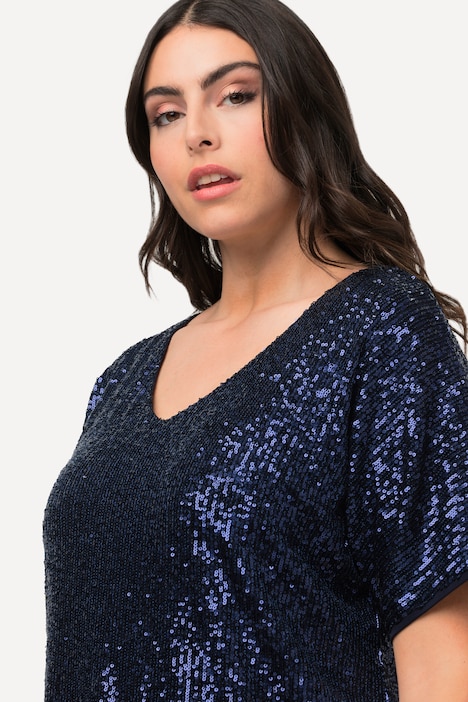 Pailletten-Shirt, Oversized, V-Ausschnitt, Halbarm