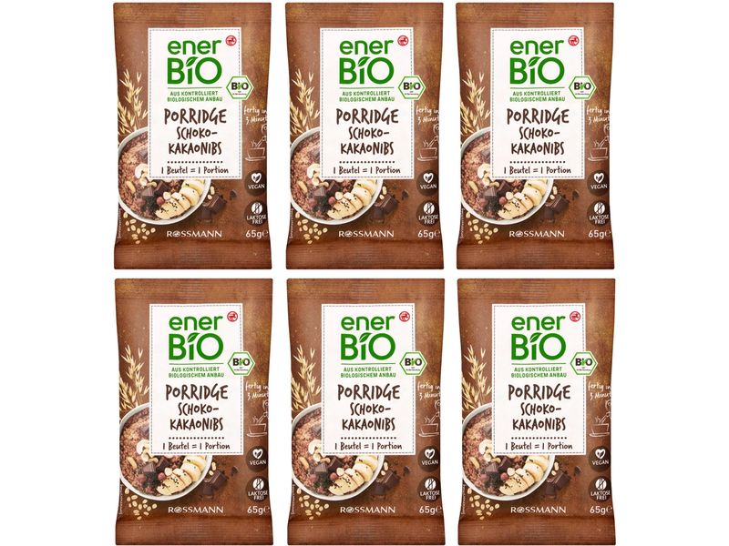enerBIO Bio Porridge Schoko Kakaonibs 6 x 65 g Fertigmischung für Haferbrei mit dunkler Schokolade