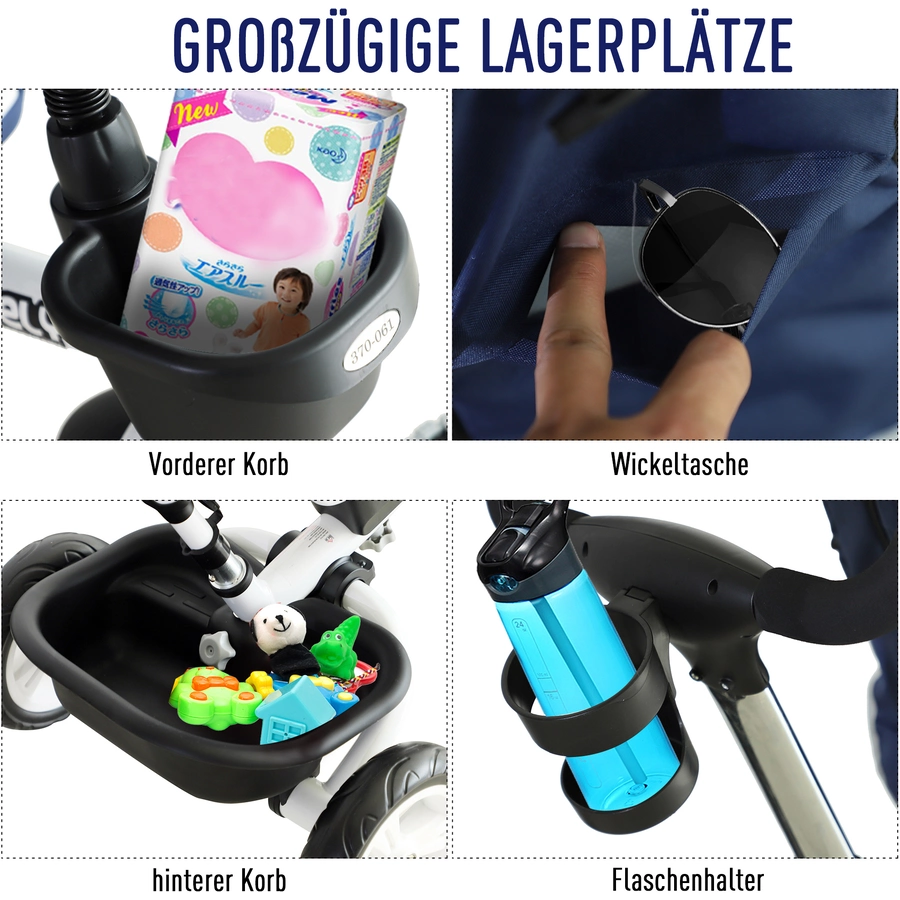 HOMCOM 4-in-1 Kinderdreirad mit Sonnendach blau