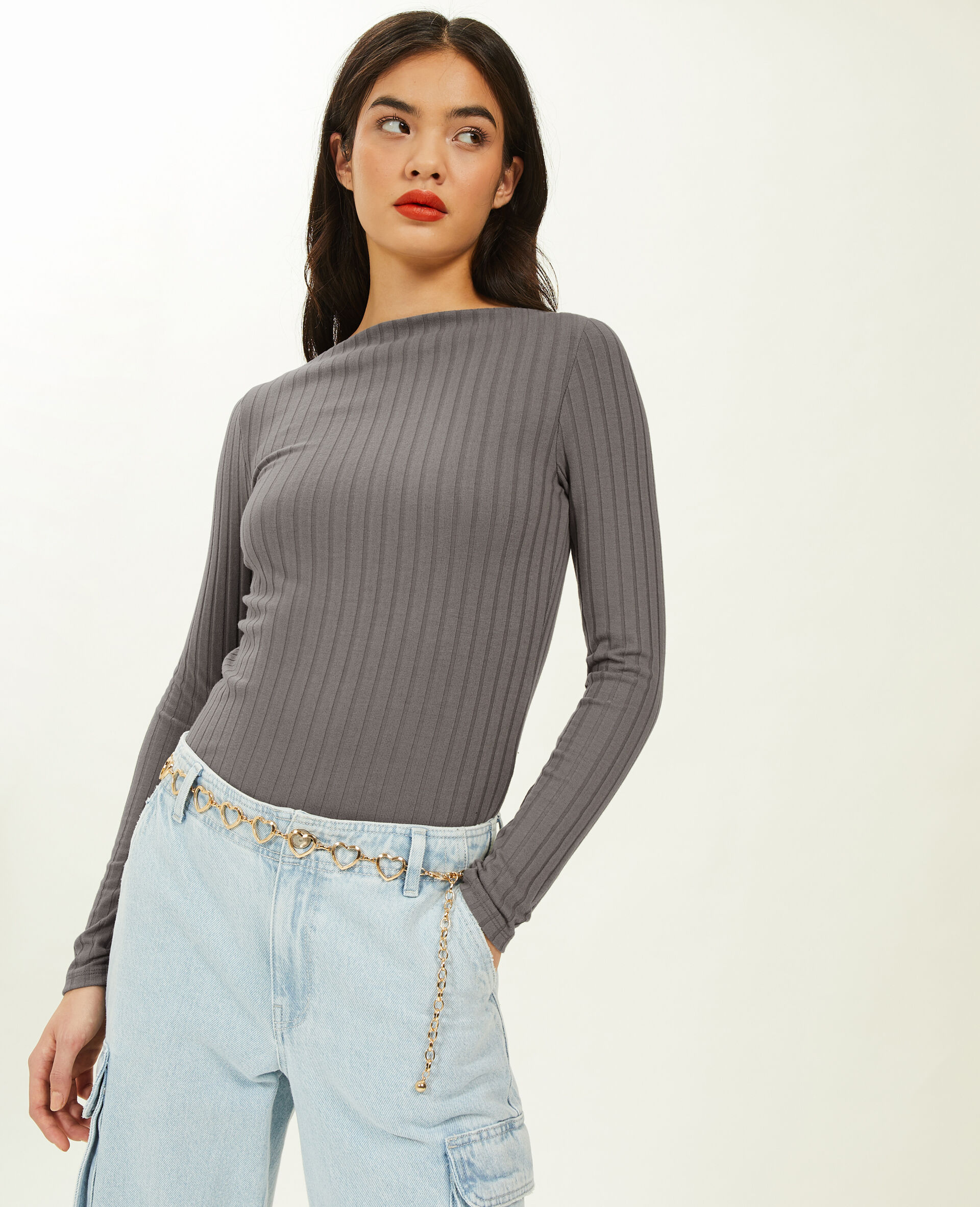 Top encolure bateau en maille côtelée - Gris foncé