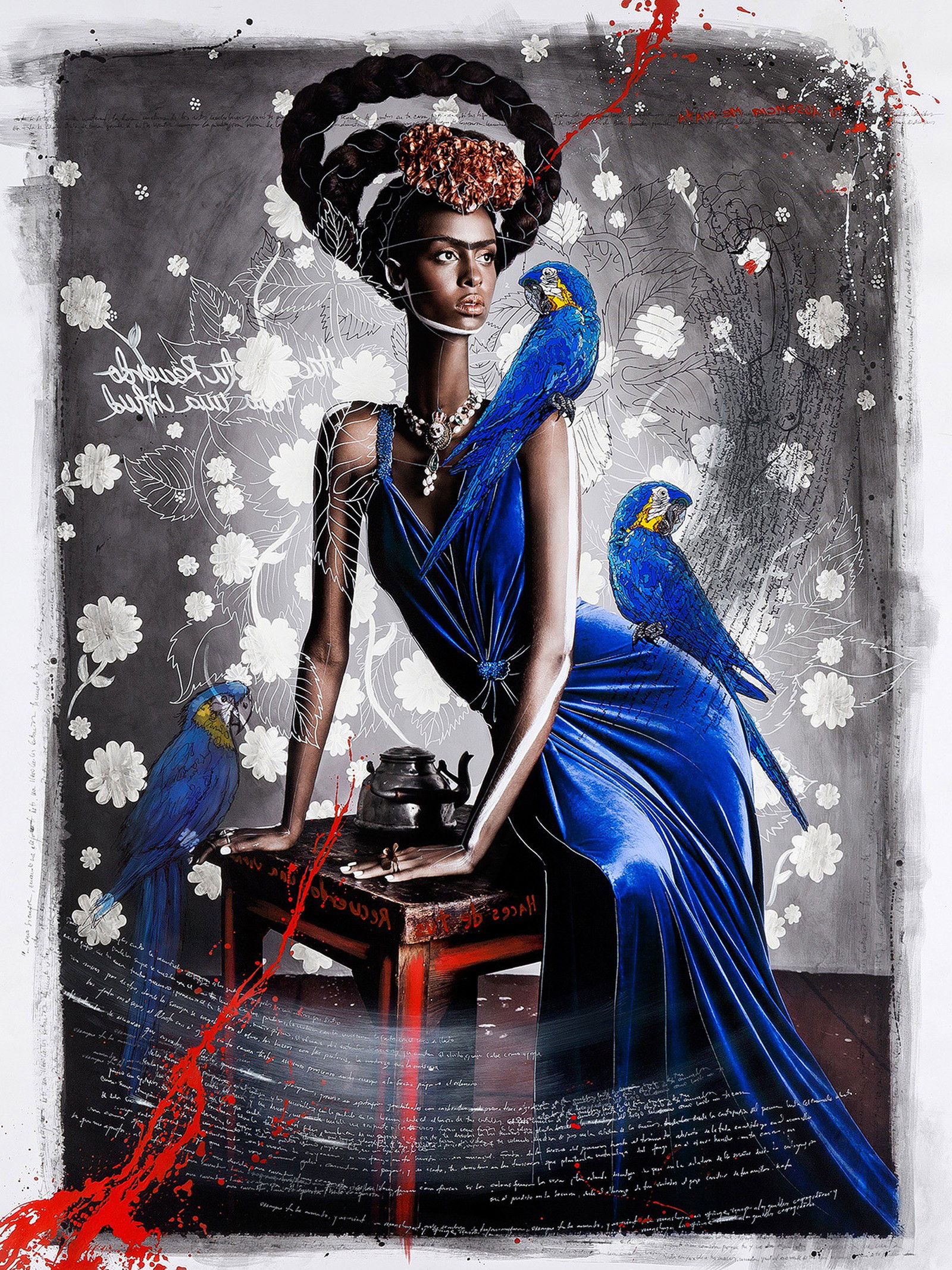 Black Frida with Blue Macaws by Efren Isaza - Limited Edition. Edition of: 150. Signed.