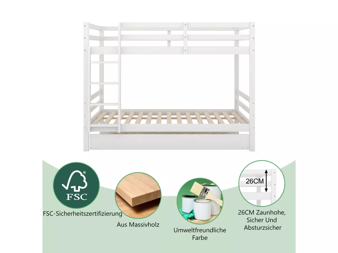 Lits superposés 2 x 140 x 200 cm avec lit gigogne 90 x 200 cm - garde-corps et escalier - Bois MDF - blanc