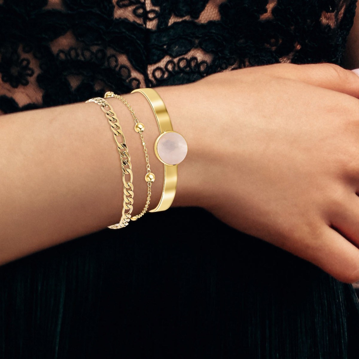Lot de 3 bracelets SC Bohème en Laiton Finement doré orné d'un quartz rose