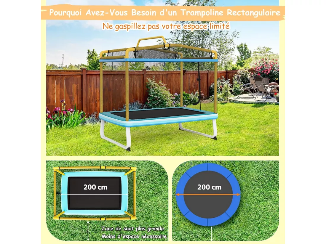 3 en 1 Trampoline Extérieur Enfants Rectangulair (190x124cm) avec Balançoire & Barre Horizontale, Trampoline de Jardin avec Filet de Sécurité, Charge Max 110kg, Jaune