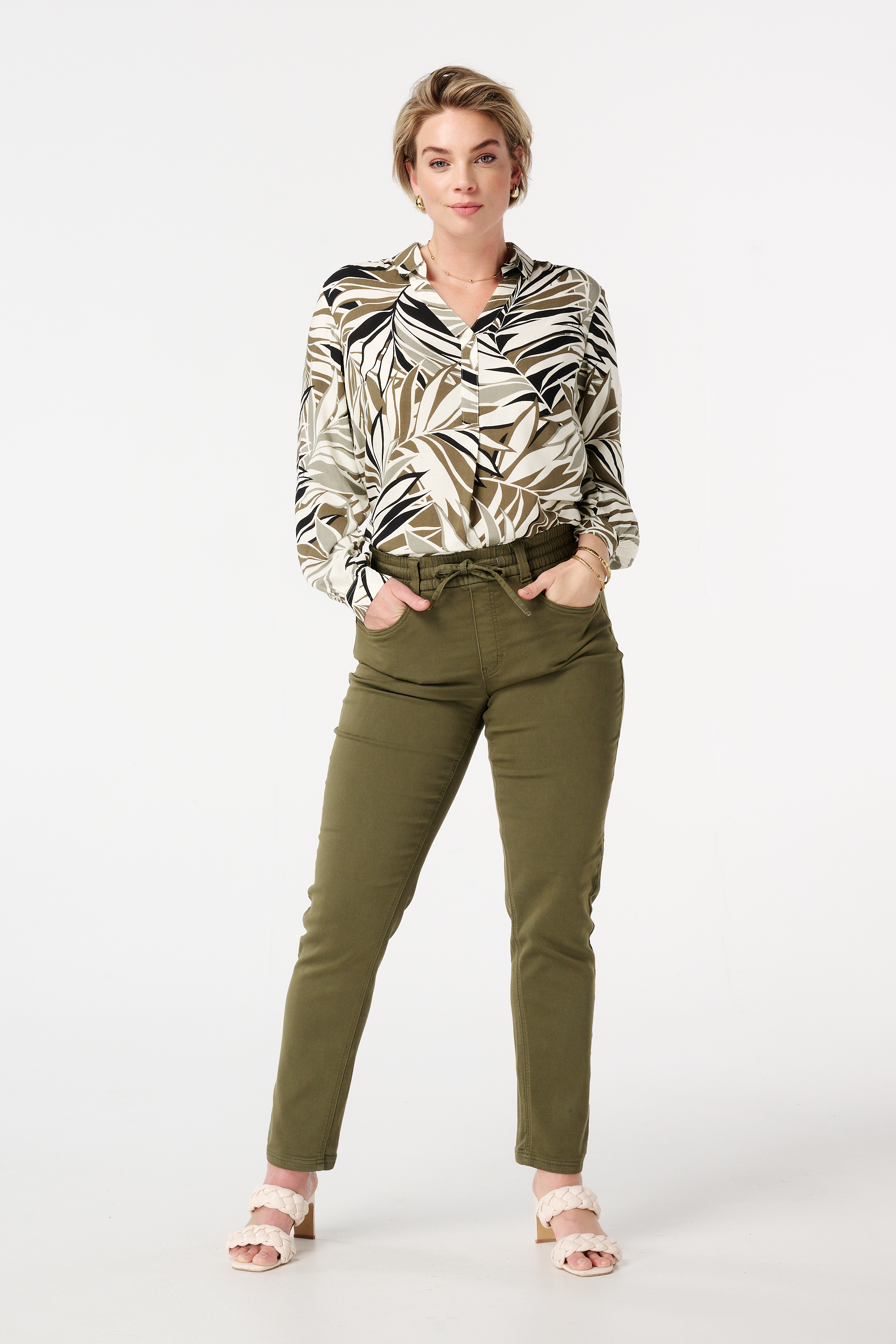 Straight leg jeans met elastische taille Khaki