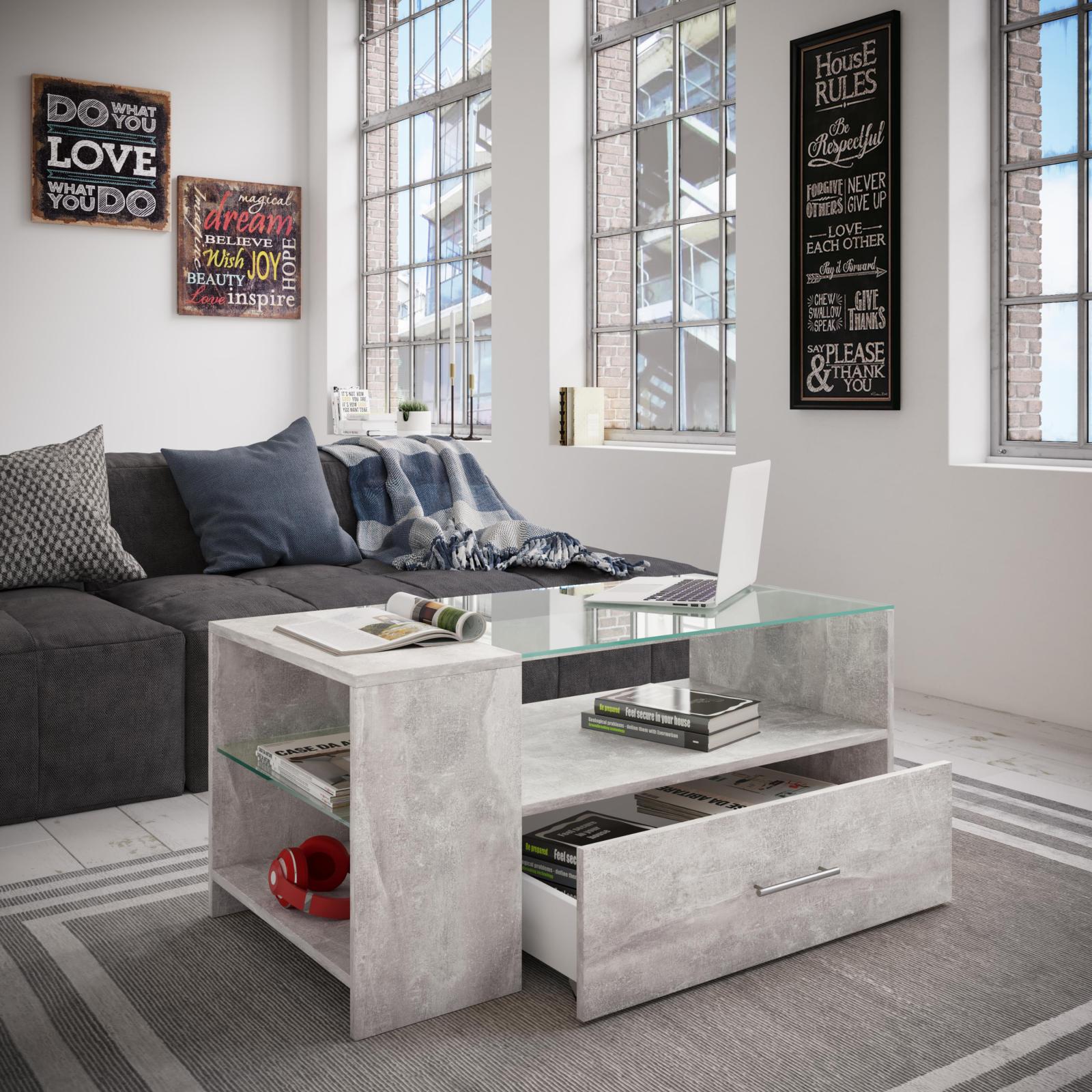 Couchtisch TINDALA - Beton-Optik - Schubkasten - 100 cm