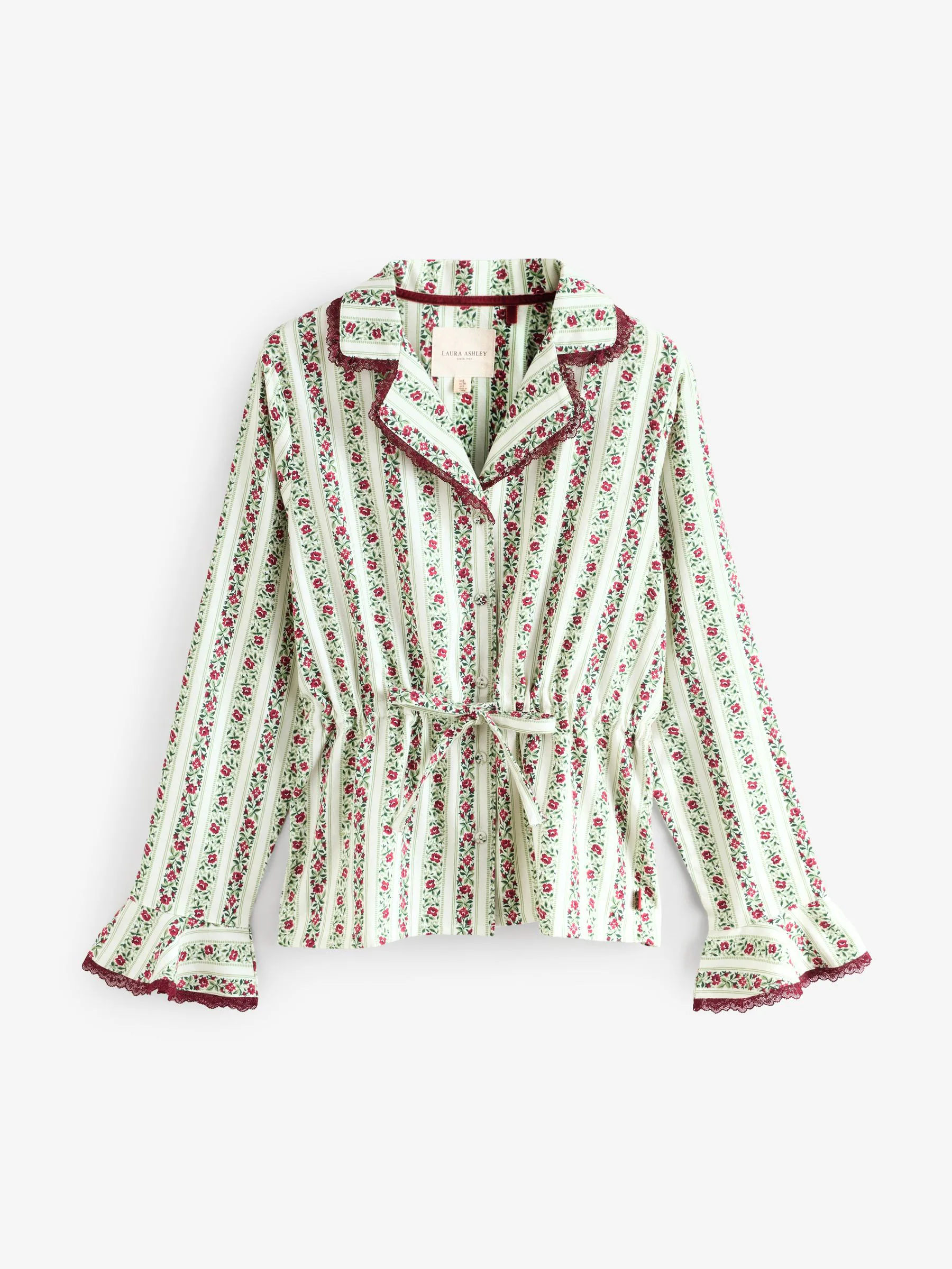 Laura Ashley Festive Christmas Kelbrook Stripe Button Through Pyjamas with Lace Edge