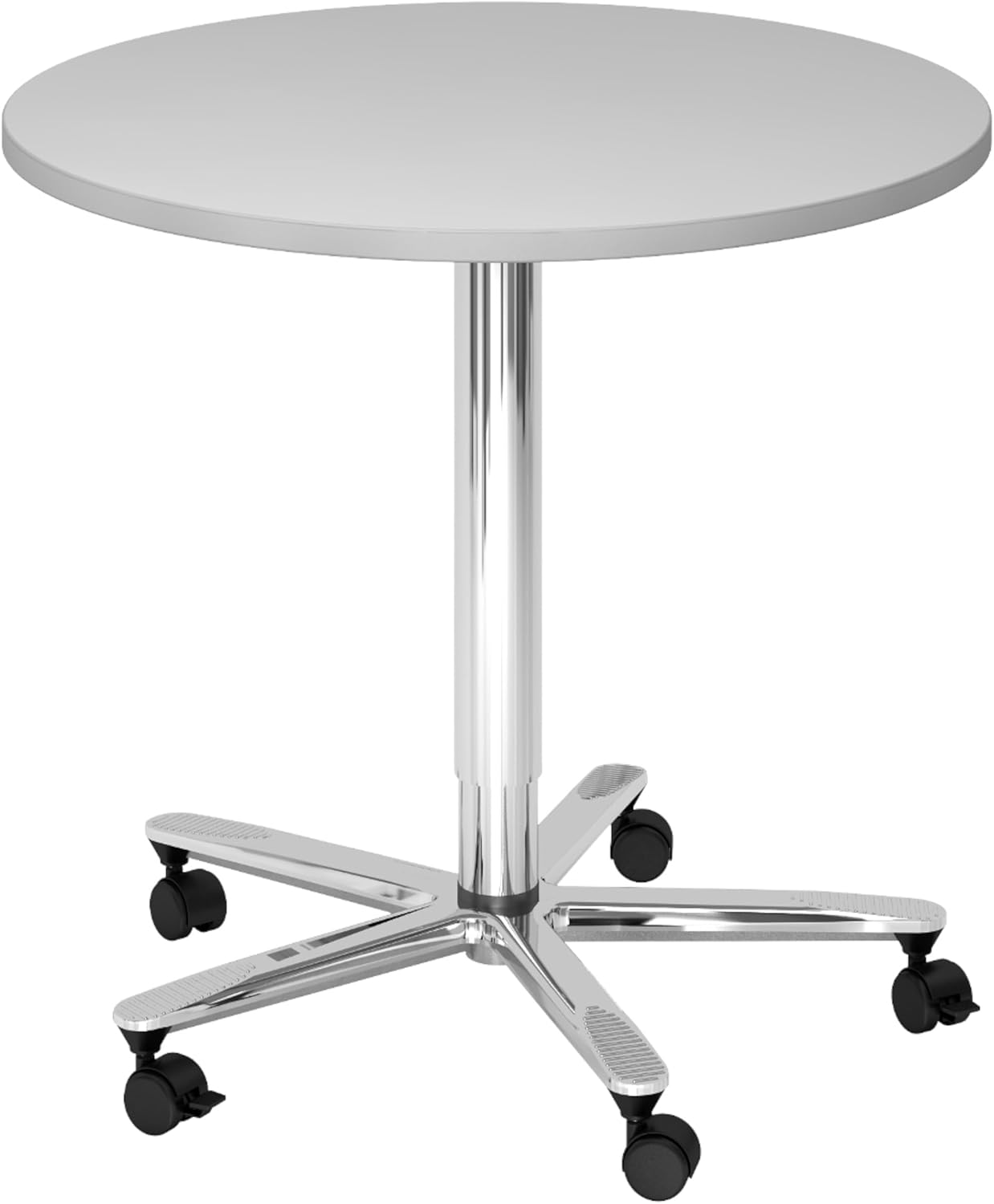 bümö Säulenhubtisch höhenverstellbar, Stehtisch Büro, Bistrotisch rund 80 x 80 cm - Besprechungstisch grau, Stehtisch Holz-Platte, Säule aus Metall verchromt, Säulentisch, Hochtisch