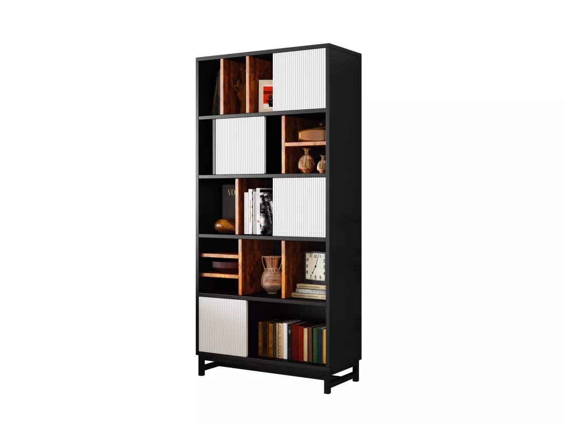 Bibliothèque avec 4 portes et 5 étagères - 80 x 35 x 165 cm - Bois MDF - Noir et blanc