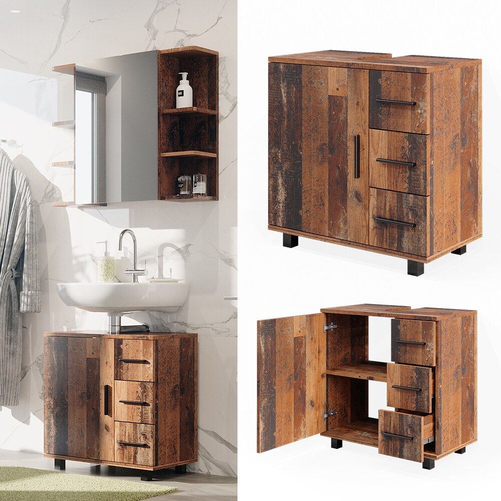 Vicco Waschtischunterschrank Waschbeckenunterschrank Ilias Old Style modern 60x61 cm Badezimmer Schrank Badschrank Badkommode Badmöbel 1 Tür 3 Schubladen
