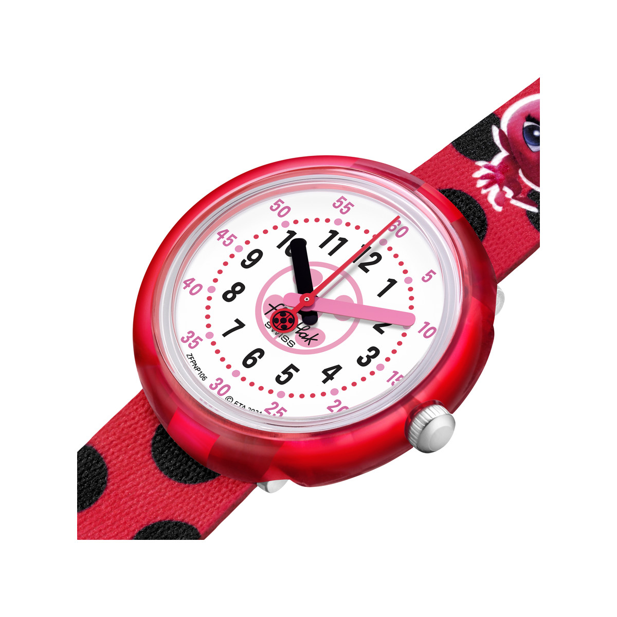 Montre FLIK FLAK Miraculous Ladybug et Chat noir enfant plastique biosourcé bracelet PET recyclé rouge