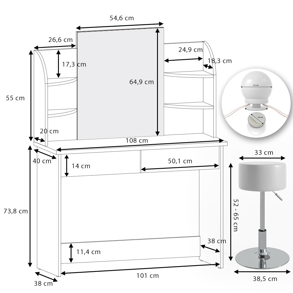 Vicco Schminktisch Charlotte Frisiertisch Frisierkommode Kosmetiktisch Weiß inkl. Designhocker & LED