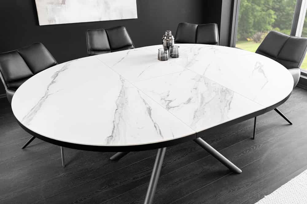 Ausziehbarer Esstisch MIKADO 120-160cm weiß Keramik oval schwarz Sterngestell