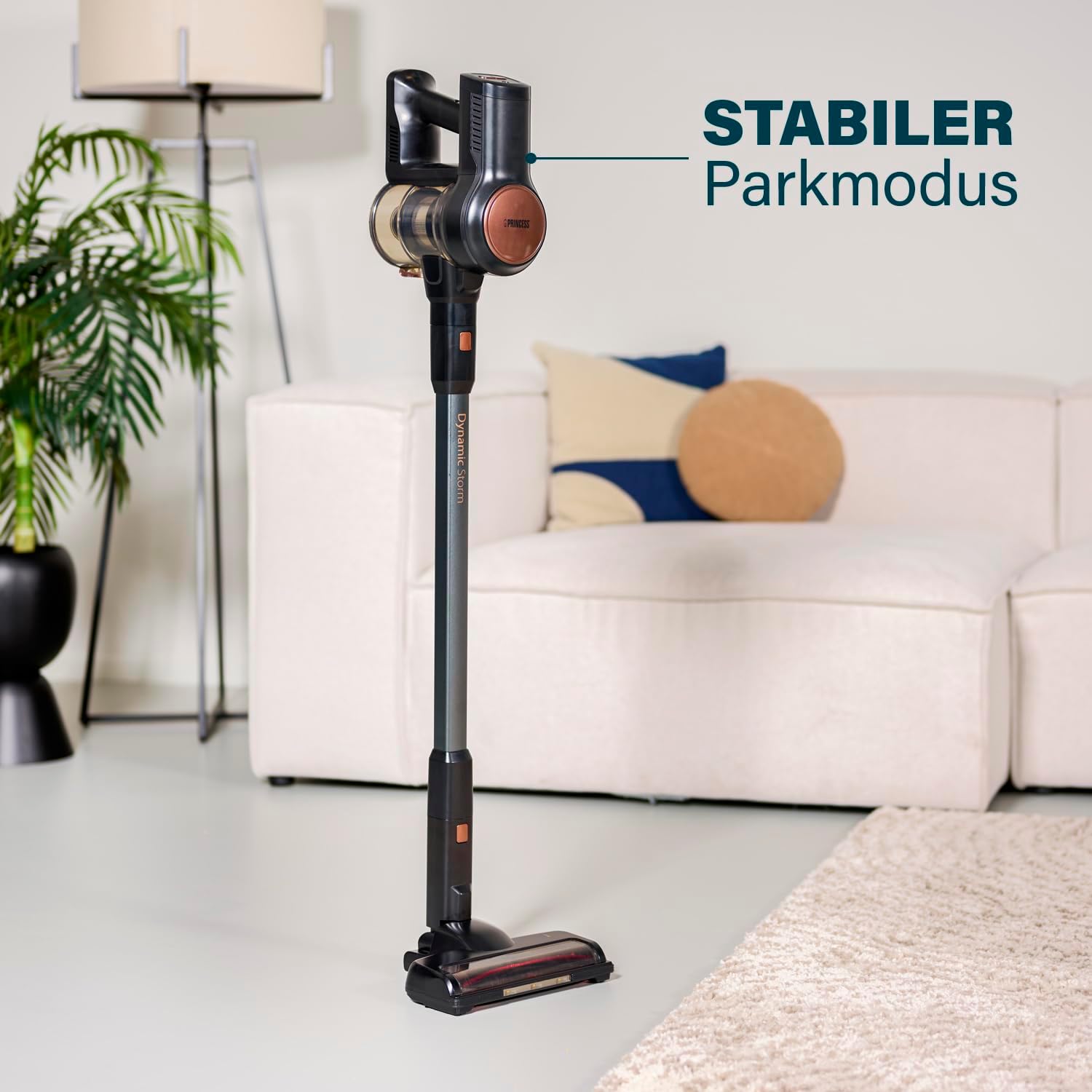 Princess Dynamic Storm – Leistungsstarker bürstenloser Motor – Hygienische Behälterentleerung – 30 min kabellos reinigen – Bürste mit LED-Licht – Parkmodus – Handstaubsauger-Modus –39390
