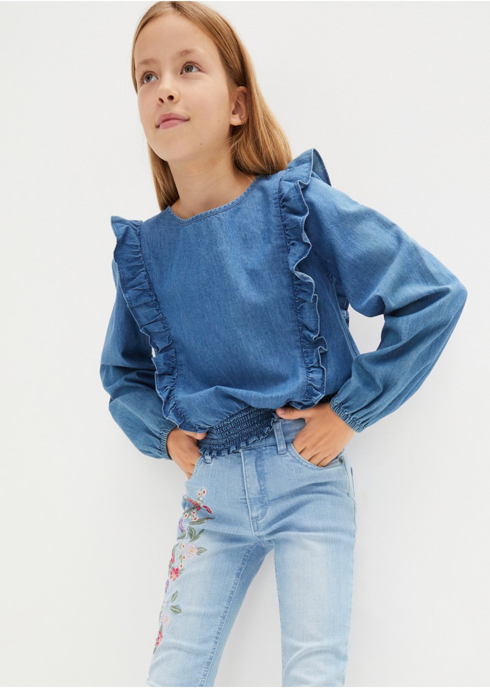 Blouse en jean fille avec ruchés