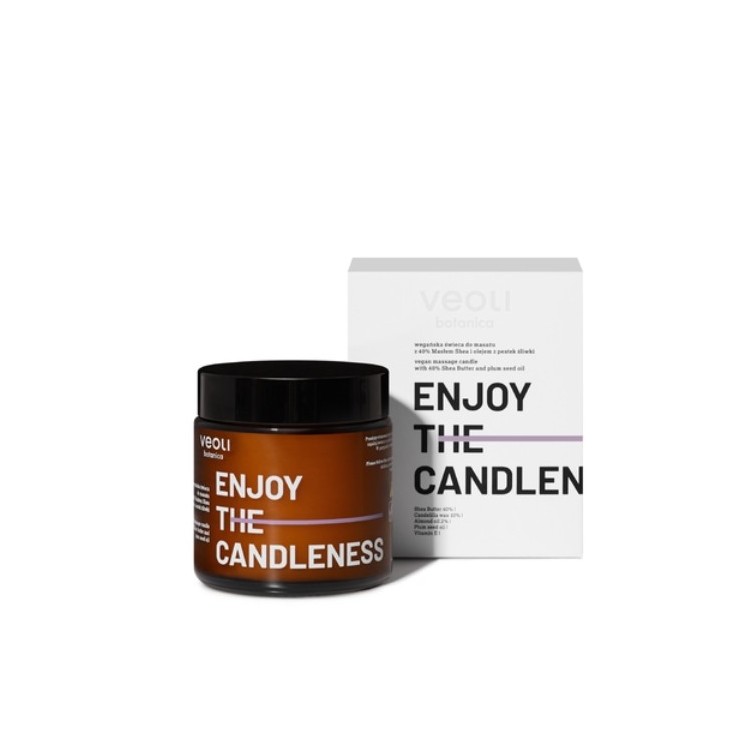 Veoli Botanica Genießen Sie die Körpermassagekerze Candleness mit 40 % Sheabutter und Pflaumenkernöl, 100 ml