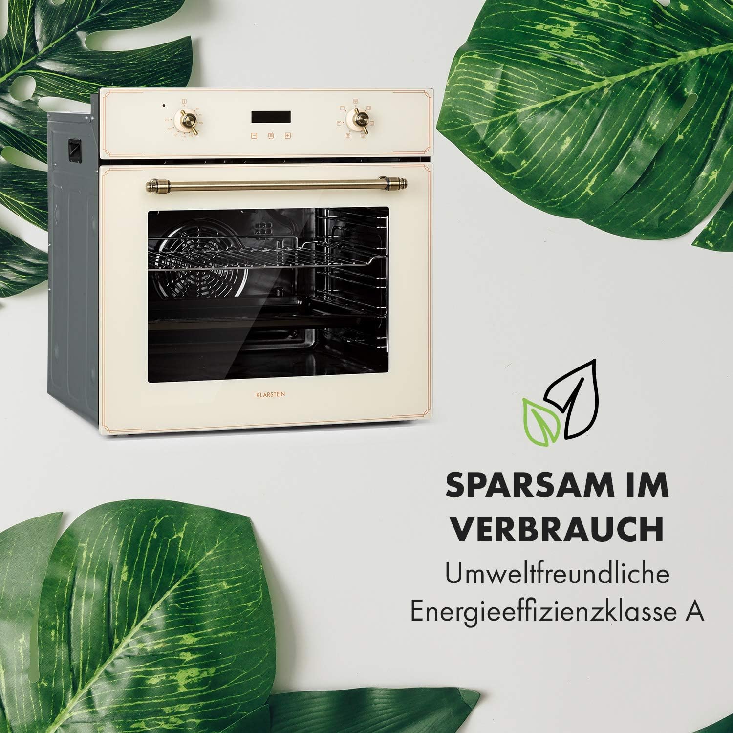Klarstein Elizabeth - Elektrischer Einbaubackofen, Retro-Design, 70L, EEK A, Autark, Umluft/Ober- / Unterhitze/Grill, 2200 Watt, 50-250 °C, Drehregler und Türgriff in Messingoptik, creme