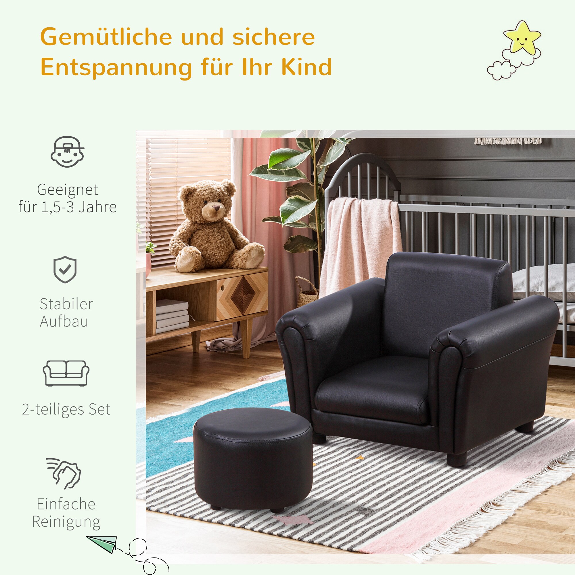 HOMCOM Kindersessel mit Fußhocker 54L x 42B x 41H cm
