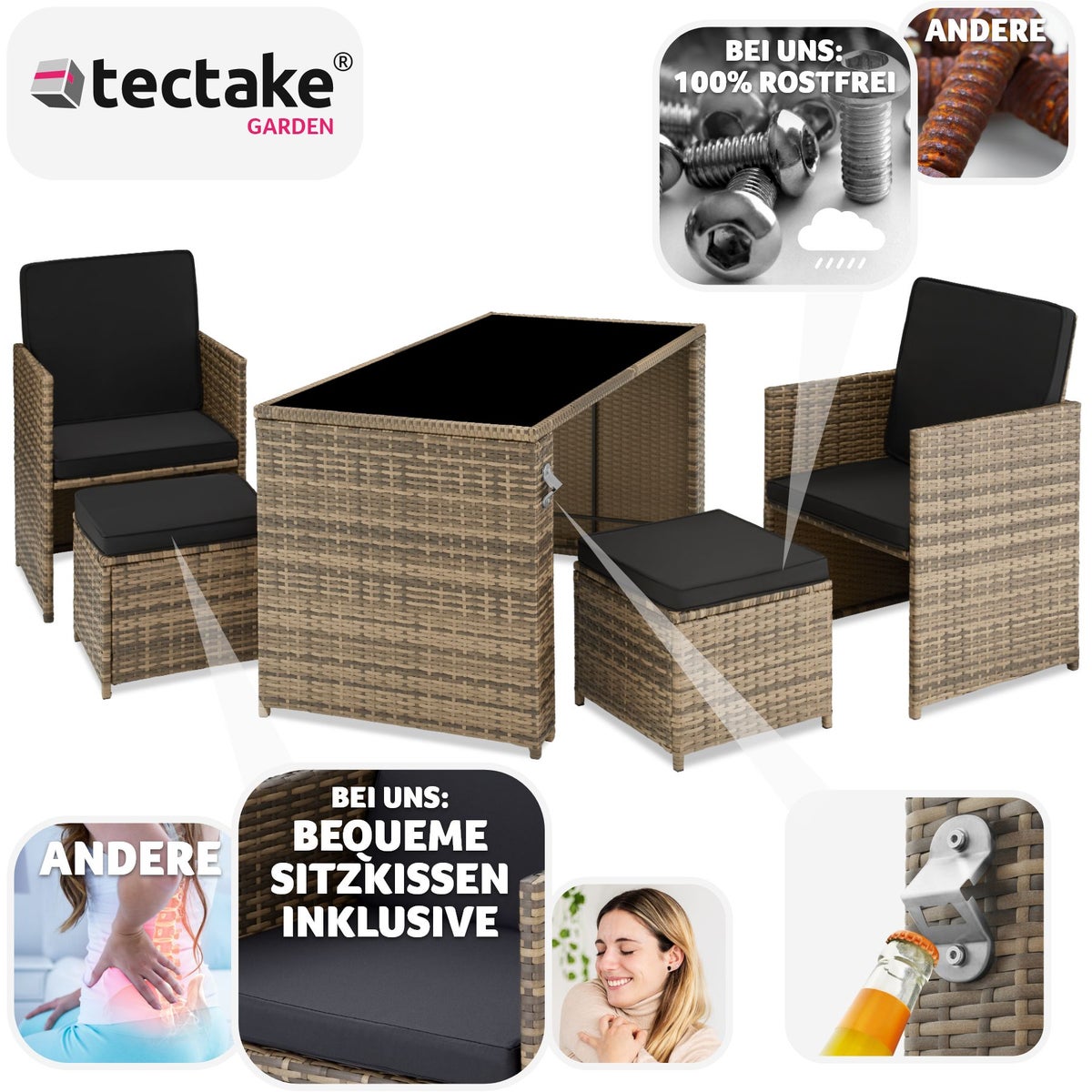 tectake Palermo rotan zitgroep voor 2 tot 4 personen inclusief flesopener, inklapbaar