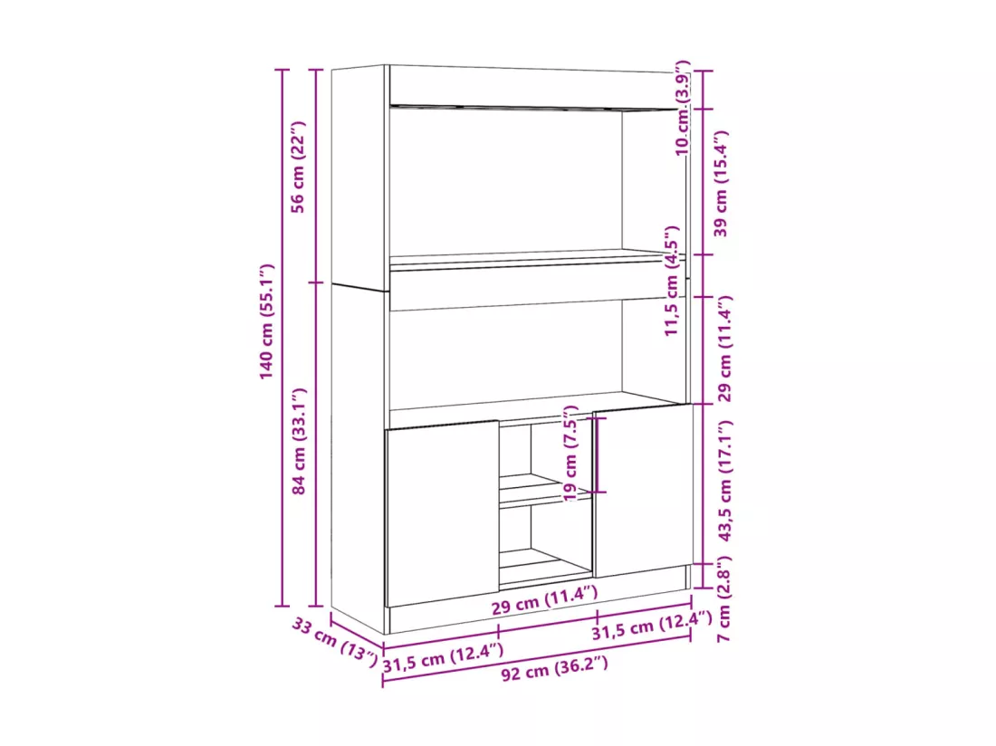 Buffet haut blanc 92x33x140 cm bois d'ingénierie