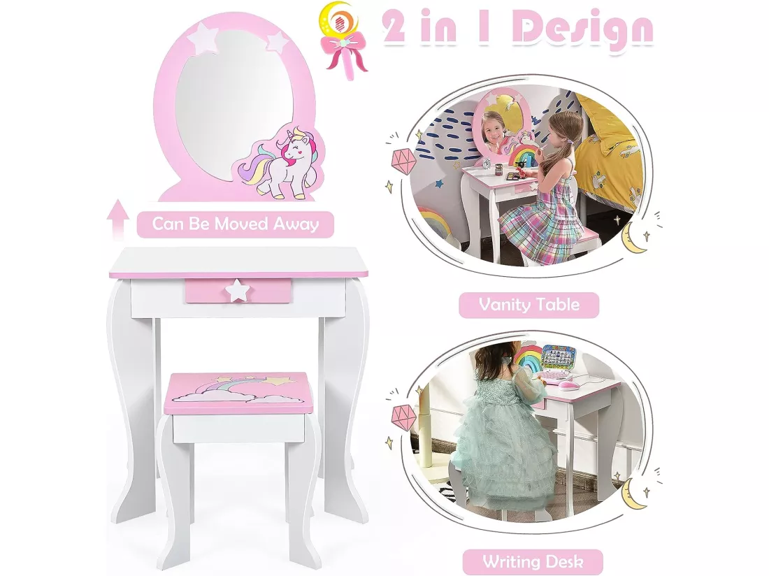 Coiffeuse pour enfant table de maquillage avec tabouret, 1 tiroir de rangement style princesse