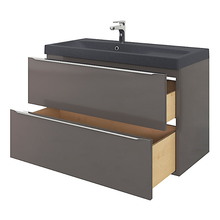 Meuble sous vasque à suspendre GoodHome Imandra gris 100 cm + Plan vasque noir GoodHome Mila 100 cm