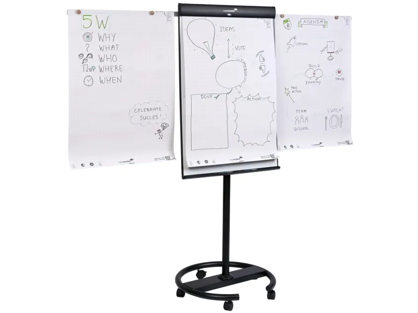 Legamaster SKETCH PRO mobile flipchart magnetisk- Round Base med 5 låsbare hjul giver stabilitet og mobilitet, pakken indeholder et start kit ( 1x flipover blok kvadreret, 2x edding ecoline flipchart penne, penneholderr i fuld længde samt 2 forlænge