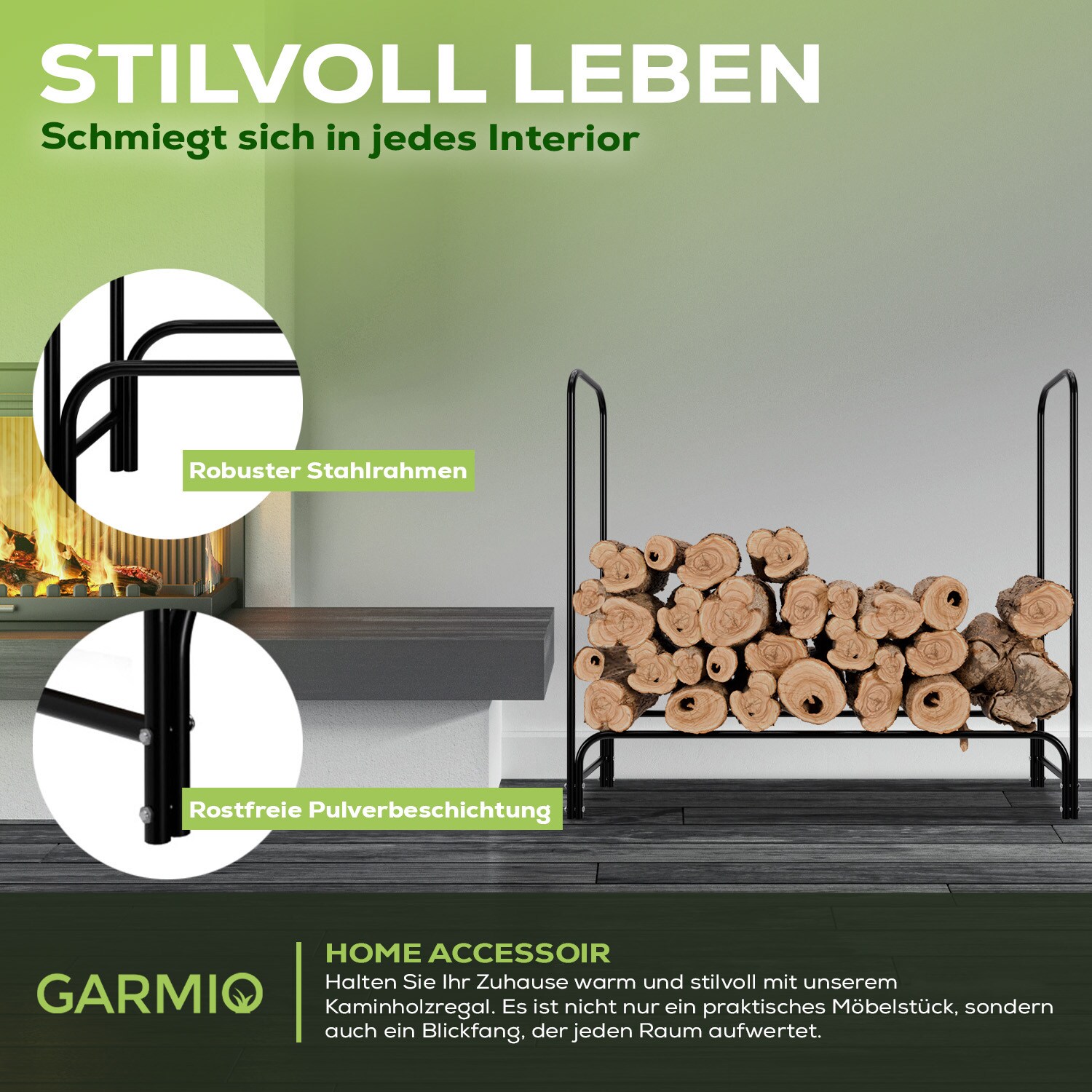 GARMIO® Kaminholzregal Metall Brennholzregal Kaminholzunterstand mit Abdeckung Stapelhilfe pulverbeschichtet 130x30x117cm