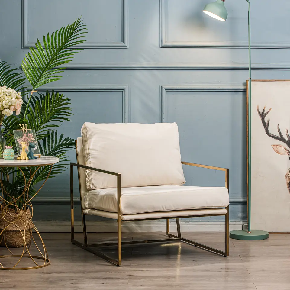 Retro metalen fauteuil met beige fluweel