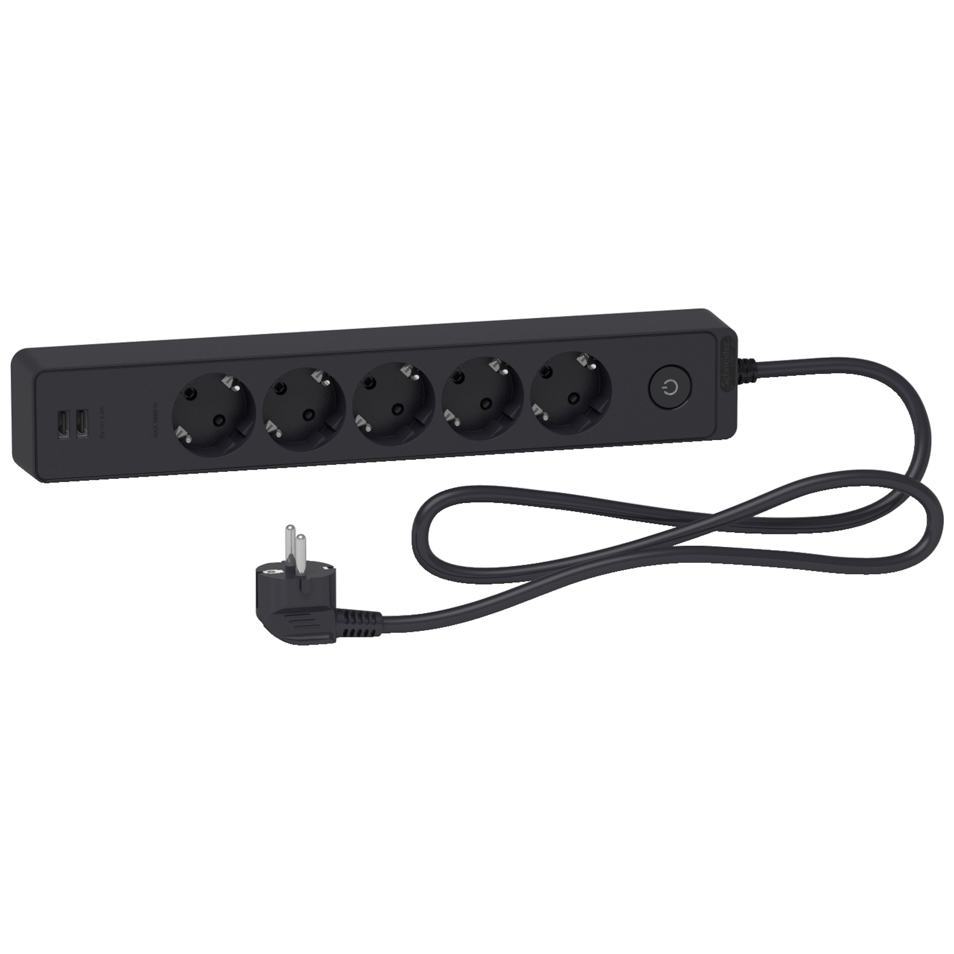 Schneider Electric Grenuttak med bryter og USB-uttak 5-veis Svart