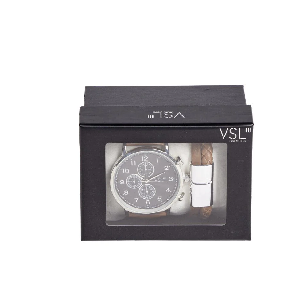 Ensemble montre et bracelet homme simili marron