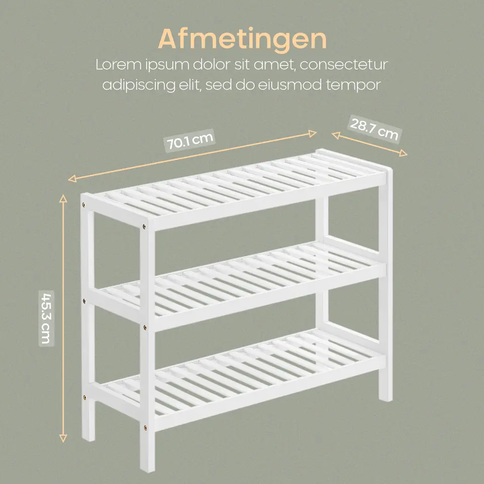 O'DADDY Bamboe Schoenenrek - 3 Laags - Voor 12 Paar - Wit - 70x26x55 cm