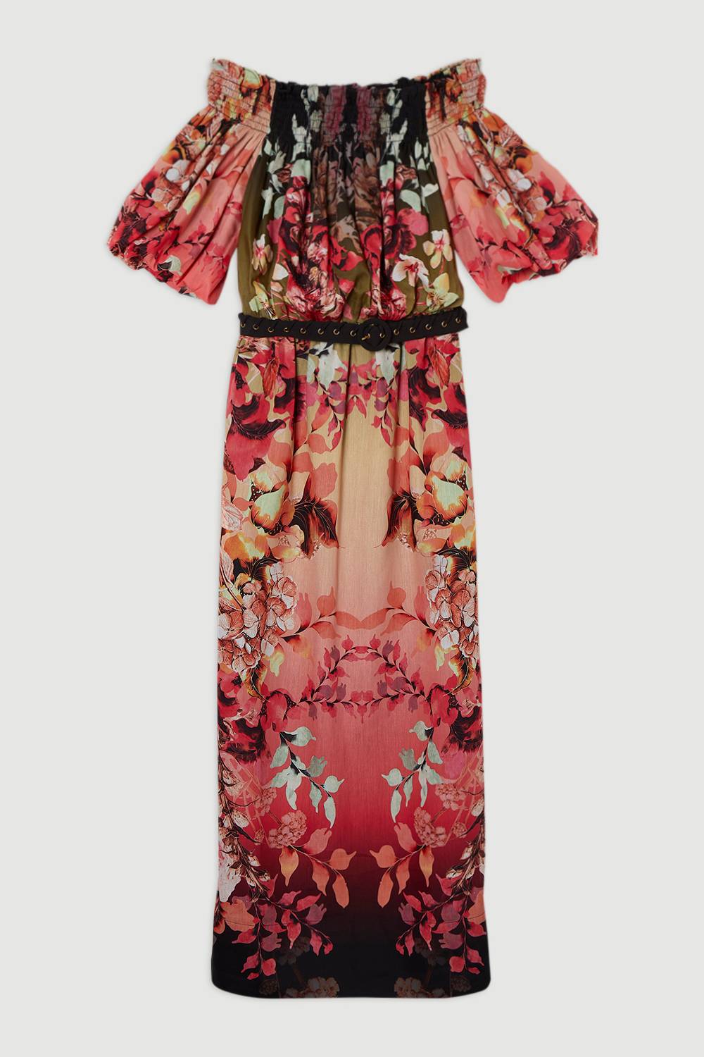 KarenMillen Voile Robe Mi-Longue Bardot à Motifs Floraux Miroités Tissés