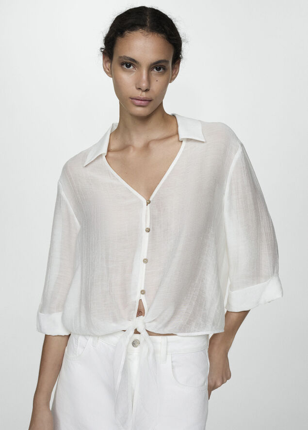 MANGO Flared-sleeve blouse with bow Natural white