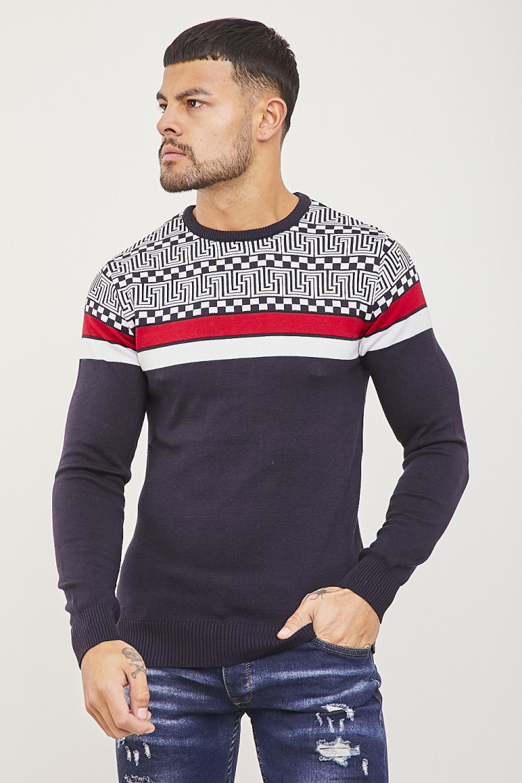 Pull en maille bleu à motifs grecs et bandes