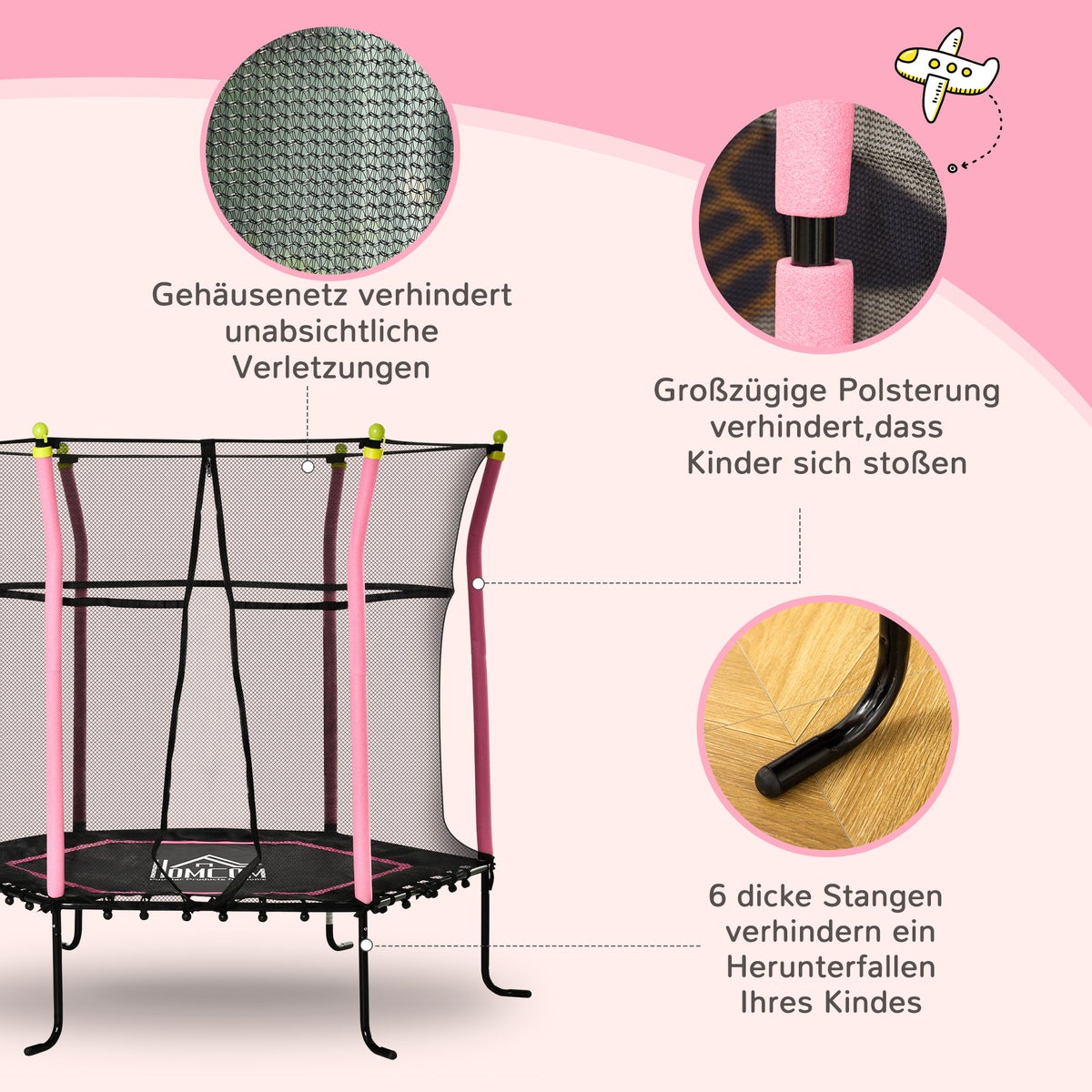 HOMCOM Kindertrampoline, Tuintrampoline met Veiligheidsnet, voor 3-10 Jaar, Ø160 cm, Staal, Roze