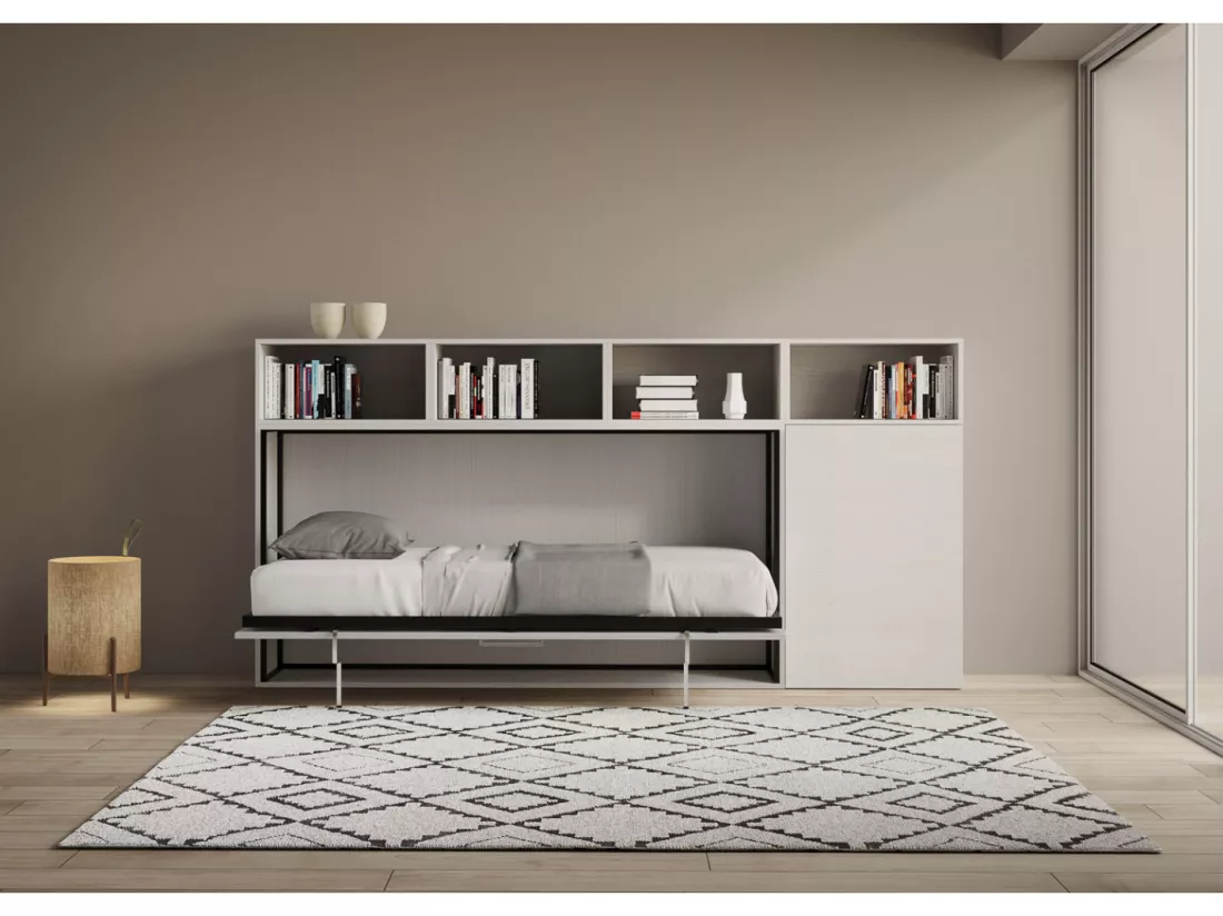 Lit escamotable horizontal blanc Bounto 85x185 avec rangement composition A-1 matelas 85x185