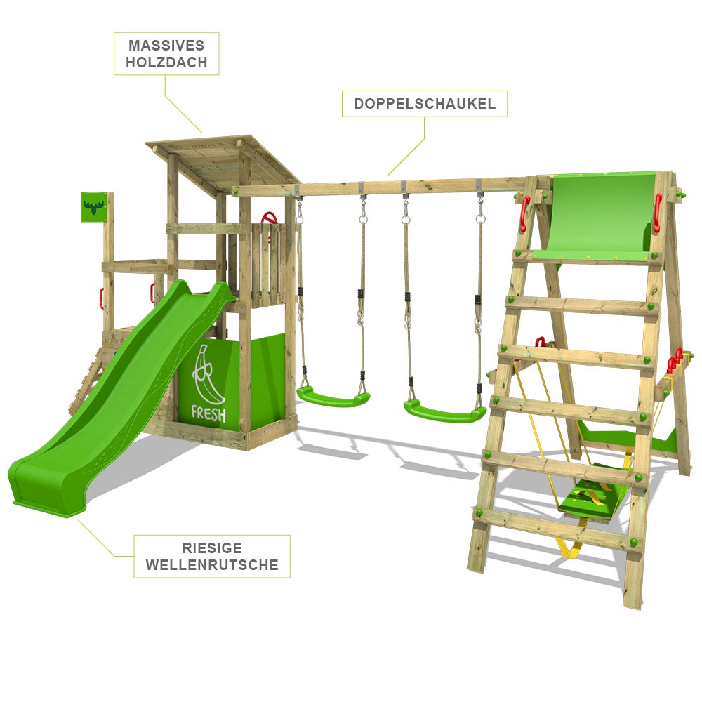 FATMOOSE FruityForest Speeltoren Klimrek met Surfswing Schommel en Glijbaan, Klimtoren met Zandbak, Ladder en Speelaccessoires – Groen