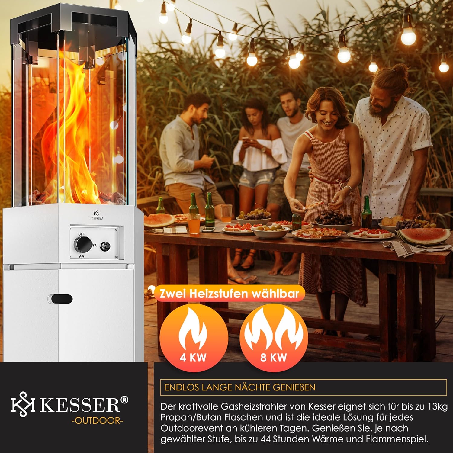 KESSER® Gasheizstrahler 4/8 kW Gas Piezozündung Heizung + Gasdruckregler + Cover, 360° Rollen Kippschutz, Terrassenheizstrahler Gasheizung Gasheizer Outdoor Kamin Mobiler Heizpilz, Heizer, Weiß