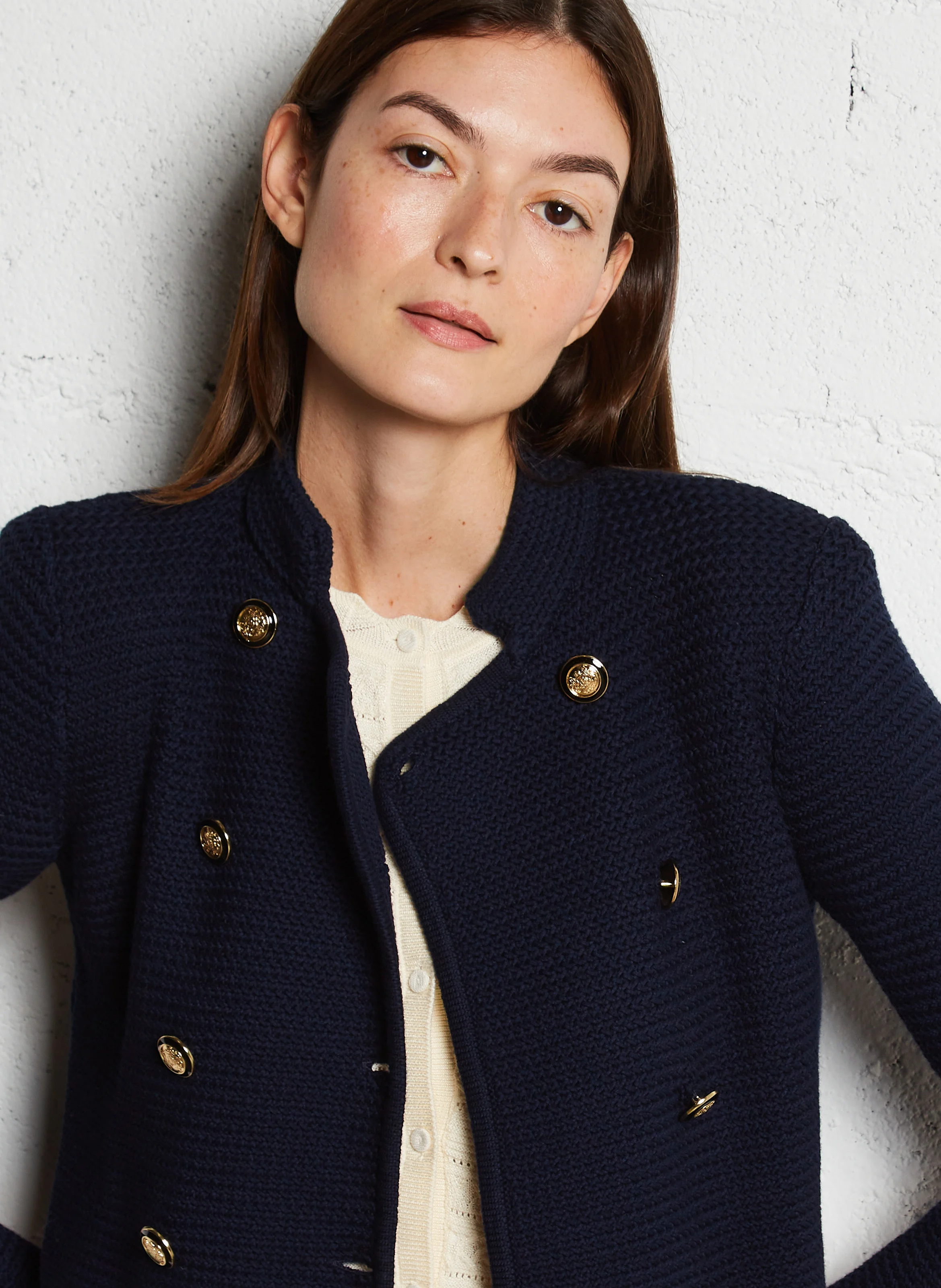 LOUMAN - Cardigan col rond droit en coton mélangé | Bleu