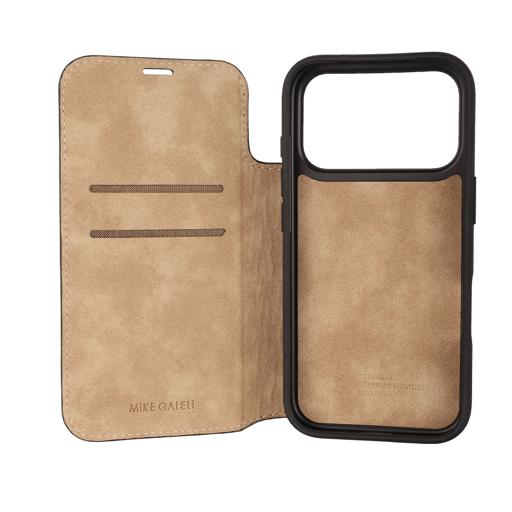 iPhone 17 Pro Echtleder Book Case Tasche Flip Cover Hand Made (MARCXIP17PRO-M01) - Schwarz